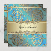 Turquoise Blauw Zwart Goud Damast Feest Kaart (Voorkant / Achterkant)