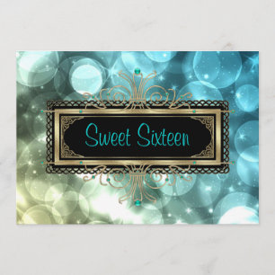 Turquoise Blauw Zwart Goud Sweet Sixteen Verjaarda Kaart