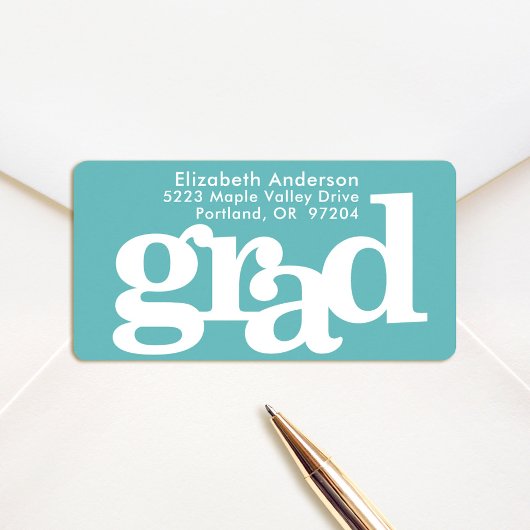 Turquoise blauwe afstudeer dikke typografie adres etiket