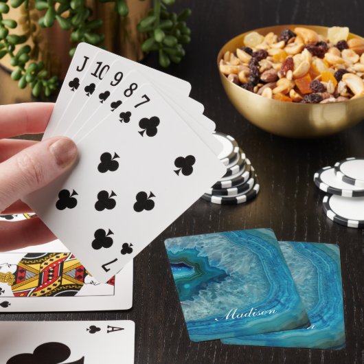 Turquoise Blauwe Agaat Geode Monogram Naam Pokerkaarten (Insitu)