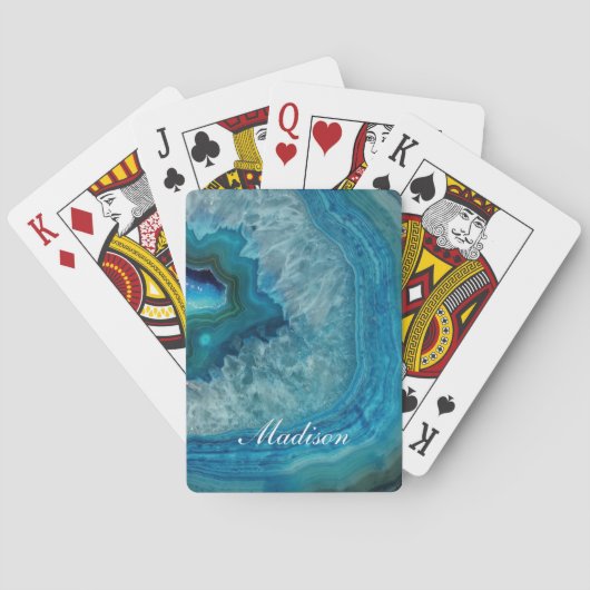 Turquoise Blauwe Agaat Geode Monogram  Naam Pokerkaarten (Achterkant)