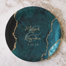 Turquoise Blauwe Agaten Gouden Script Bruiloft Papieren Bordje