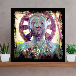 Turquoise Blauwe Antieke Boeddha Foto Denk Schrift Poster