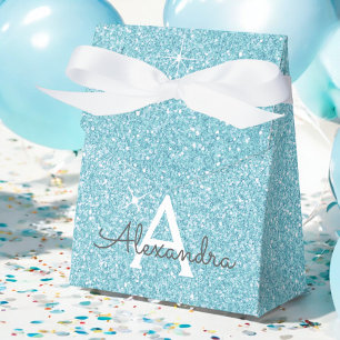 Turquoise Blauwe Aqua Glitter & Glans Monogram Bedankdoosjes