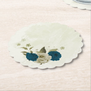 turquoise blauwe beige bloemige botanische bruilof kartonnen onderzetters