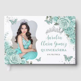Turquoise Blauwe Bloem Zilveren Quinceanera 16 Fot Gastenboek