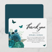 Turquoise Blauwe Bloemen en Vlinders Begrafenis Bedankkaart (Voorkant / Achterkant)