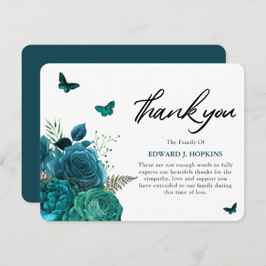 Turquoise Blauwe Bloemen en Vlinders Begrafenis Bedankkaart (Voorkant / Achterkant)