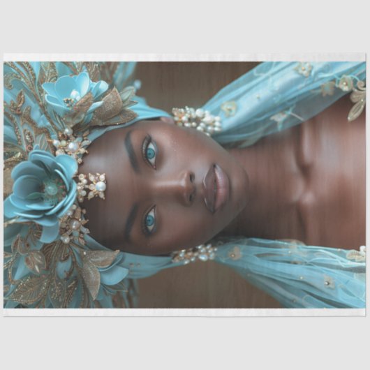 Turquoise Blauwe Bloemen Hoofdtooi Decoupage Tissuepapier (Voorkant)