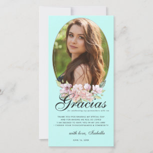 Turquoise Blauwe Bloemige Quinceañera Foto Bedankk Bedankkaart