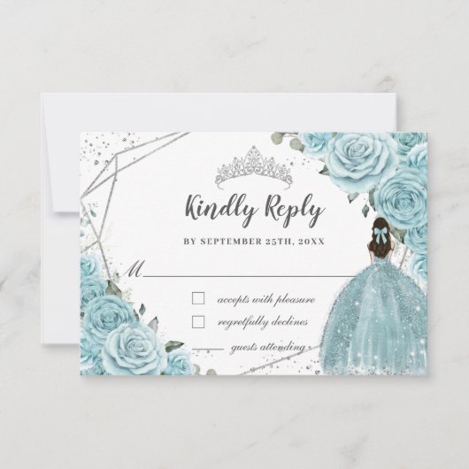 Turquoise Blauwe Bloemige Zilveren Quinceañera Pri RSVP Kaartje (Voorkant)