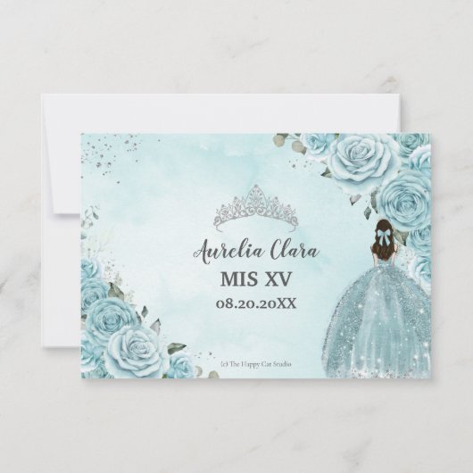 Turquoise Blauwe Bloemige Zilveren Quinceañera Pri RSVP Kaartje (Achterkant)