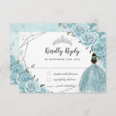 Turquoise Blauwe Bloemige Zilveren Quinceañera Pri RSVP Kaartje (Voorkant / Achterkant)