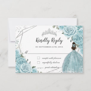 Turquoise Blauwe Bloemige Zilveren Quinceañera Pri RSVP Kaartje