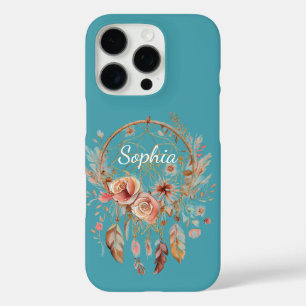 Turquoise Blauwe Boho Bloemige Veren Droomvanger iPhone 16 Pro Hoesje