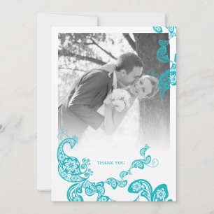 Turquoise Blauwe Boho Paisley Pauw Fotobruiloft Bedankkaart