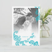 Turquoise Blauwe Boho Paisley Pauw Fotobruiloft Bedankkaart (Staand voorkant)