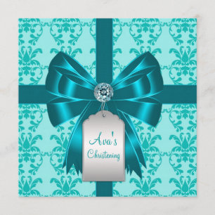 Turquoise Blauwe Damast Baby Doop Doopfeest Kaart