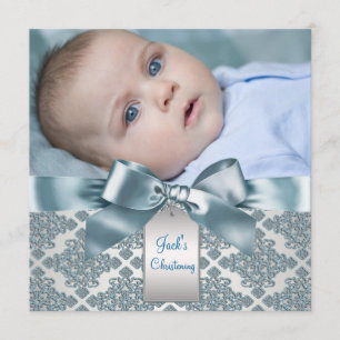 Turquoise Blauwe Damast Baby Jongen Foto Doop Kaart