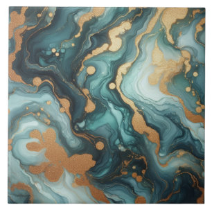 Turquoise Blauwe en Gouden Alcohol Inkt Tegeltje