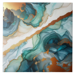 Turquoise Blauwe en Gouden Alcohol Inkt Tegeltje