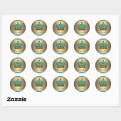 Turquoise blauwe en gouden kroon ronde sticker (Vel)