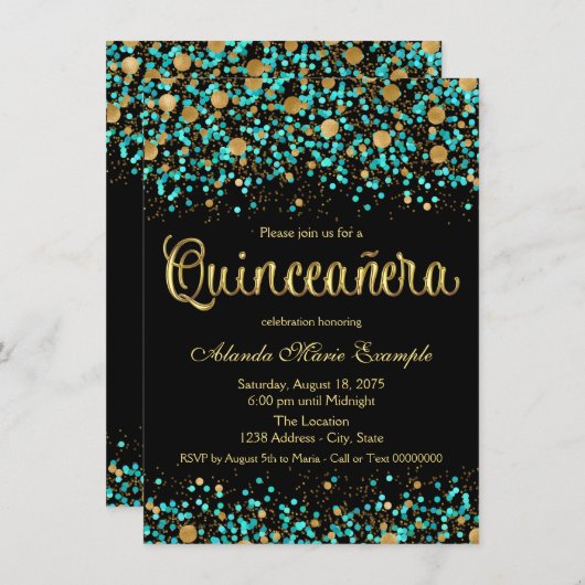 Turquoise Blauwe en Gouden Quinceanera Kaart (Voorkant / Achterkant)