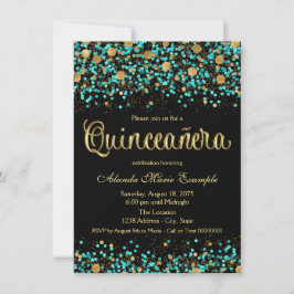 Turquoise Blauwe en Gouden Quinceanera Kaart