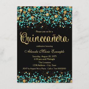 Turquoise Blauwe en Gouden Quinceanera Kaart