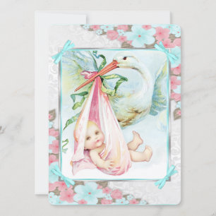 Turquoise Blauwe en Roze Ooievaar Baby Shower Kaart