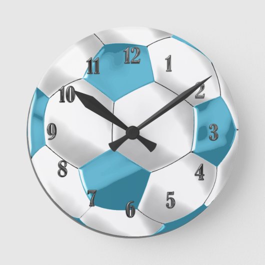 Turquoise Blauwe en Witte Voetbal Ronde Klok (Voorkant)