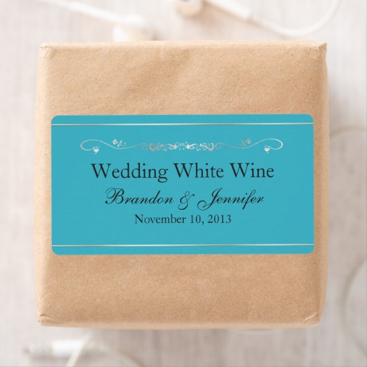 Turquoise Blauwe en Zilveren Bruiloft Mini Wijn La Etiket (Insitu)