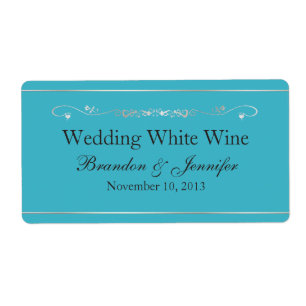 Turquoise Blauwe en Zilveren Bruiloft Mini Wijn La Etiket