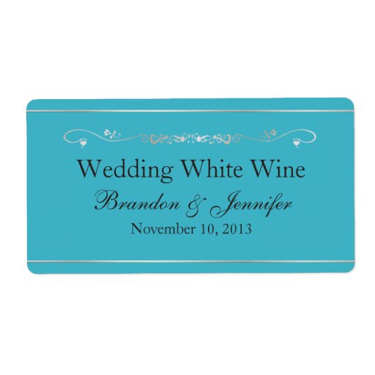Turquoise Blauwe en Zilveren Bruiloft Mini Wijn La Etiket (Voorkant)