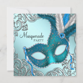 Turquoise Blauwe en Zilveren Masker Maskerade Fees Kaart