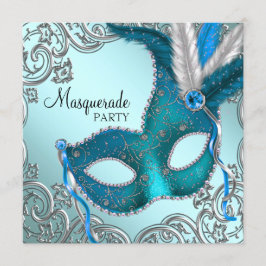 Turquoise Blauwe en Zilveren Masker Maskerade Fees Kaart