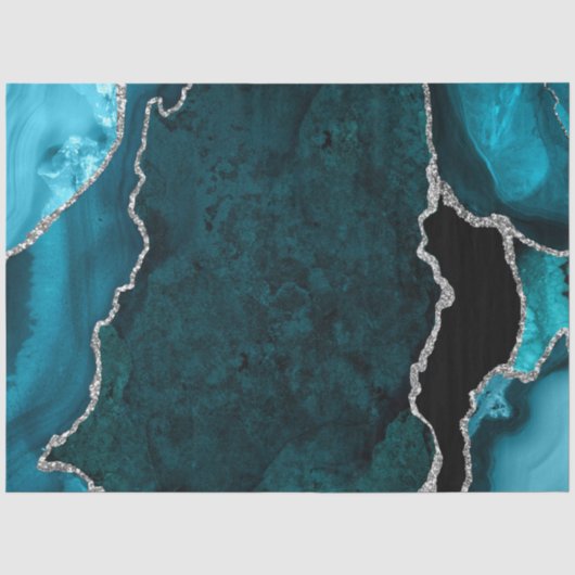 Turquoise Blauwe en Zilveren Nep Glitter Agate Tissuepapier (Voorkant)
