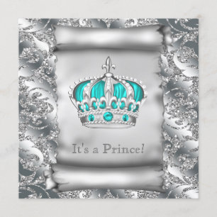 Turquoise Blauwe en Zilveren Prins Baby Shower Kaart