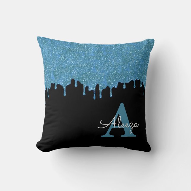 Turquoise Blauwe en Zwarte Monogram Glitter Druppe Kussen (Voorkant)