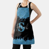 Turquoise Blauwe en Zwarte Monogram Glitter Druppe Schort (Insitu)