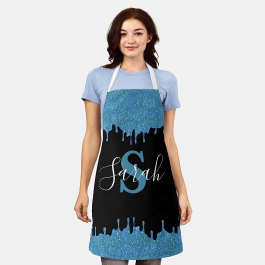 Turquoise Blauwe en Zwarte Monogram Glitter Druppe Schort (Gedragen)