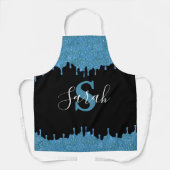 Turquoise Blauwe en Zwarte Monogram Glitter Druppe Schort (Voorkant)