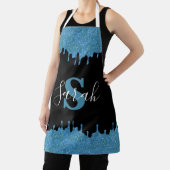 Turquoise Blauwe en Zwarte Monogram Glitter Druppe Schort (Insitu)