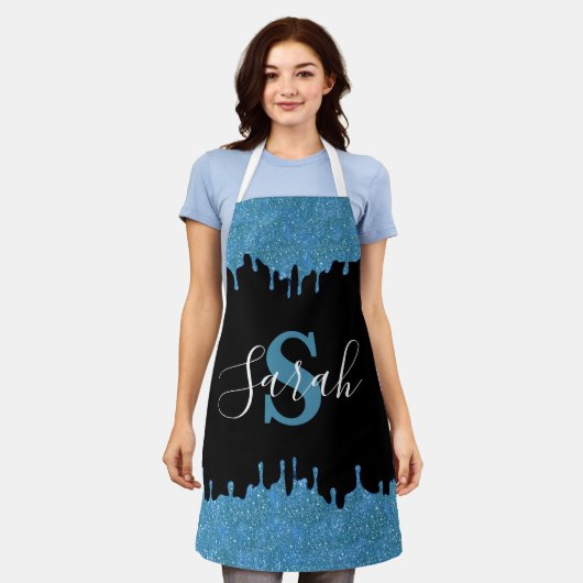 Turquoise Blauwe en Zwarte Monogram Glitter Druppe Schort (Gedragen)