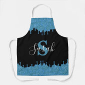 Turquoise Blauwe en Zwarte Monogram Glitter Druppe Schort (Voorkant)