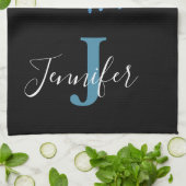 Turquoise Blauwe en Zwarte Monogram Glitter Druppe Theedoek (Gevouwen)