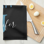 Turquoise Blauwe en Zwarte Monogram Glitter Druppe Theedoek (Quarter Fold)