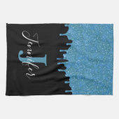 Turquoise Blauwe en Zwarte Monogram Glitter Druppe Theedoek (Horizontaal)