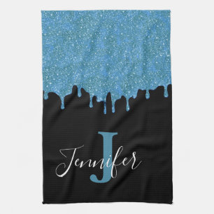 Turquoise Blauwe en Zwarte Monogram Glitter Druppe Theedoek