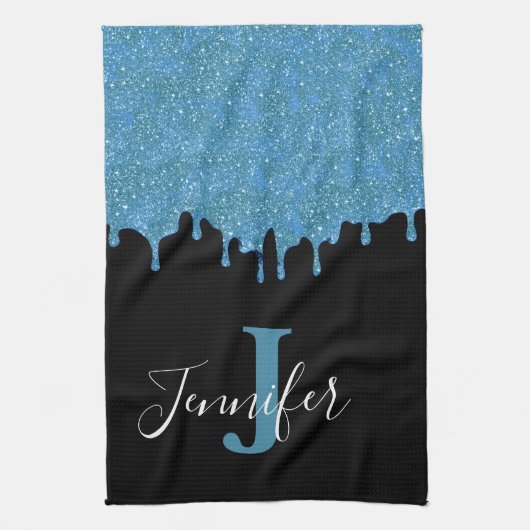 Turquoise Blauwe en Zwarte Monogram Glitter Druppe Theedoek (Verticaal)